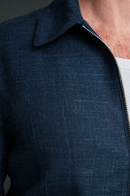 Close-up of a dark blue jacket with a zipper