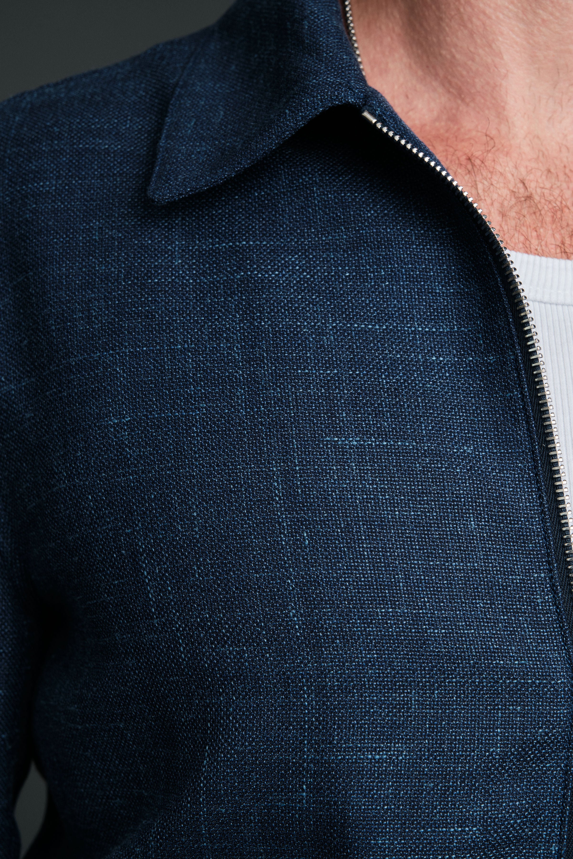 Close-up of a dark blue jacket with a zipper